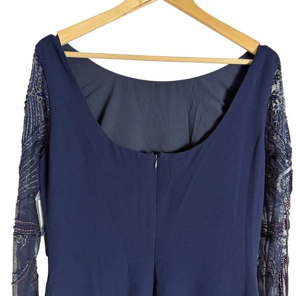 Badgley Mischka Navy Blue Beaded Long Sleeve Bateau Neck Train Gown Size 12 - Picture 16 of 16